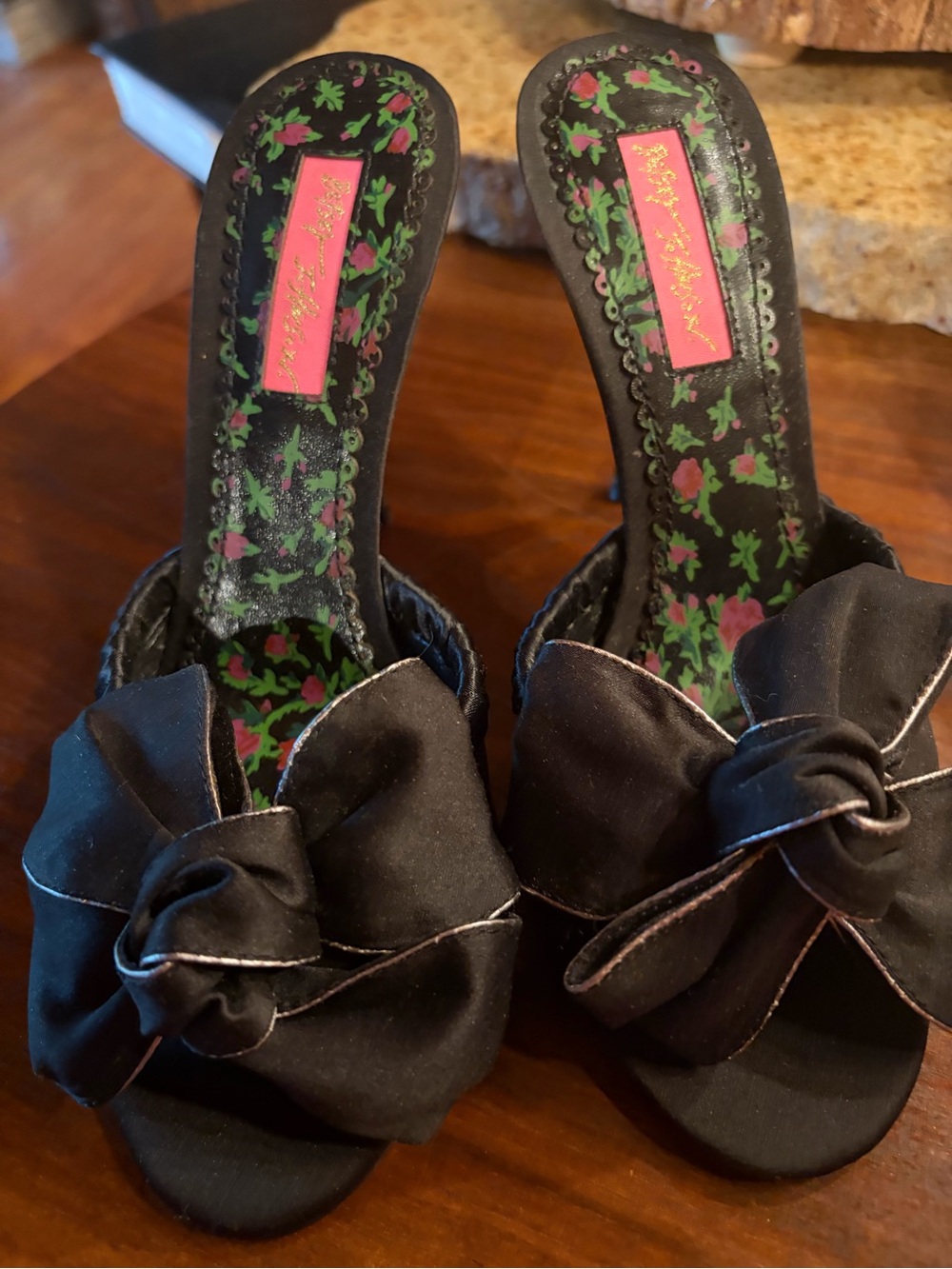 Betsey Johnson Black Satin Bow Mules with Pink & Green Floral Insole